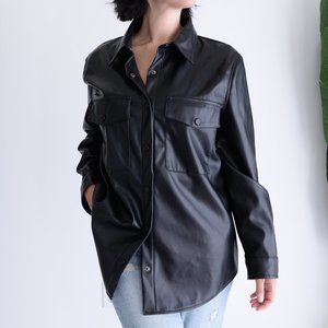 Laundry By Shelli Segal Black Faux Leather Button Shacket Jacket Size Large
